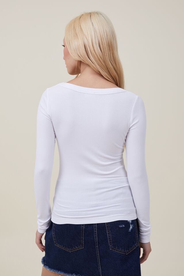 Camiseta - Staple Rib Scoop Neck Long Sleeve Top, WHITE