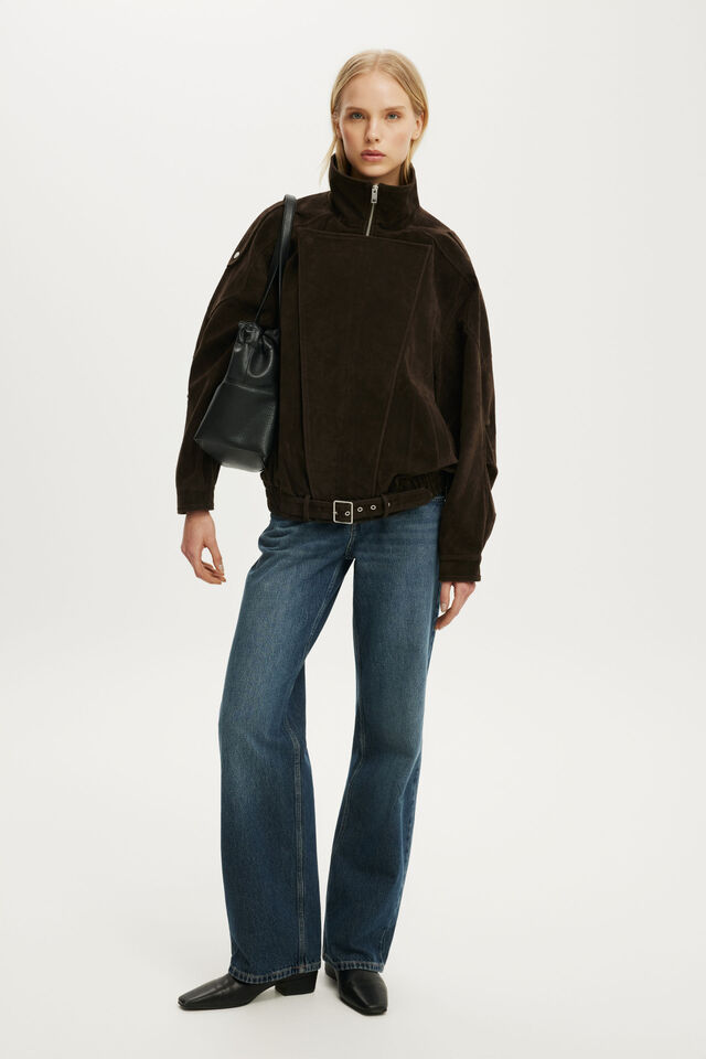 Cove Faux Suede Biker Jacket, DARK OAK