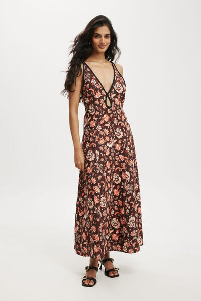 Rsvp Keyhole Linen Maxi Dress, VICTORIA FLORAL DARK OAK