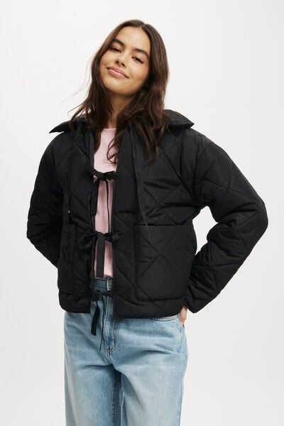 Quilted Tie Up Jacket, BLACK