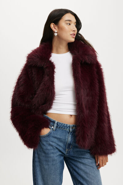 Mimi Faux Fur Jacket, CHERRY CHOC