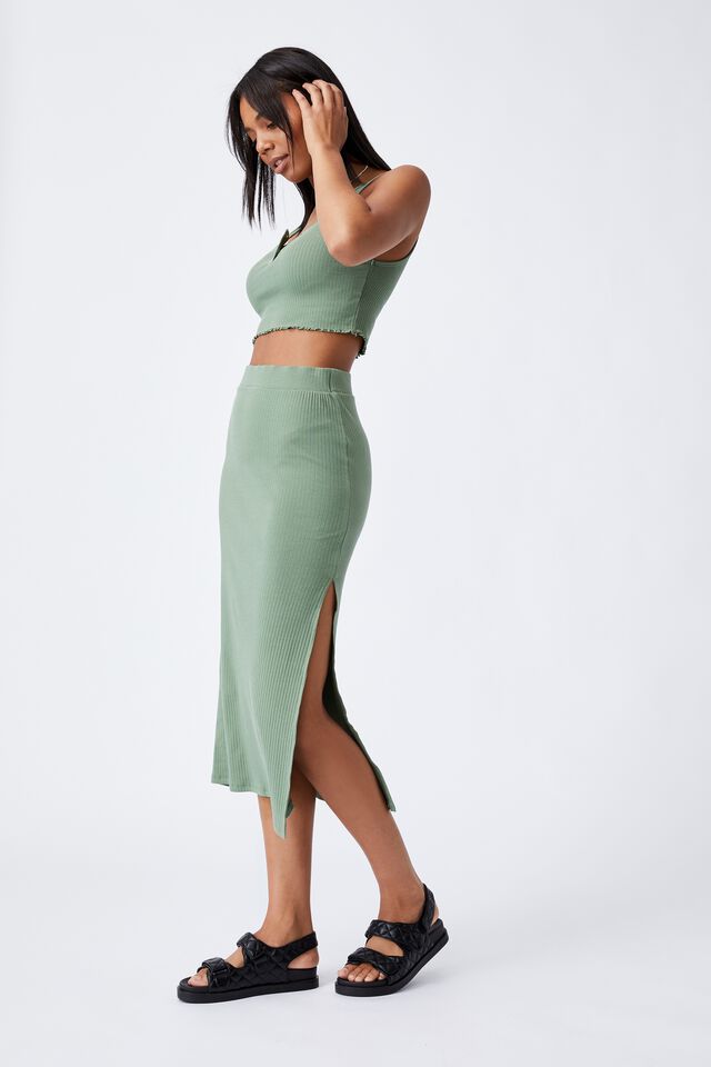 Bella Rib Midi Skirt, SOFT GREEN