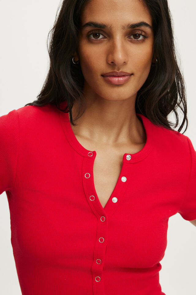 Blake Rib Henley Short Sleeve, RED PETAL