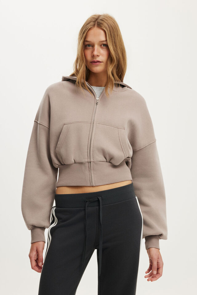 Oversized Zip Through Hoodie, PEBBLESTONE