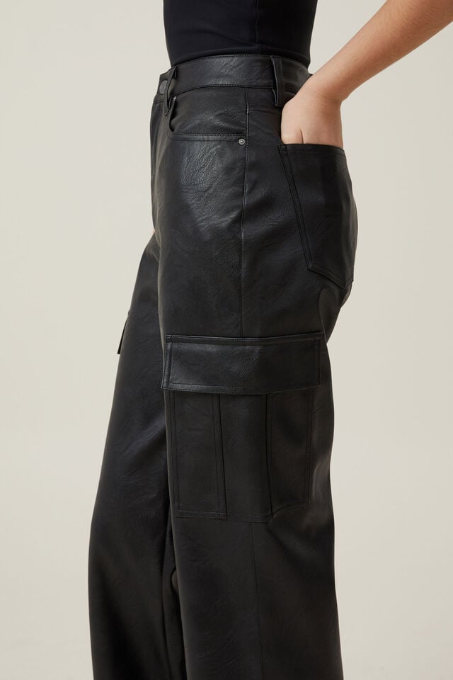 Curvy Faux Leather Cargo Jean, BLACK