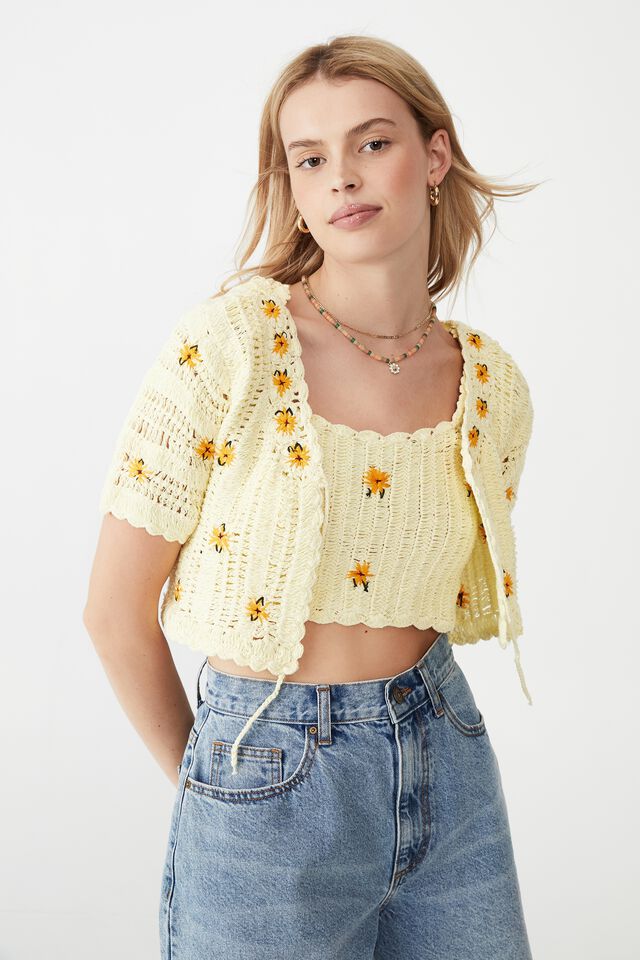 Sunflower Tie Crochet Trim Cardi, LEMON
