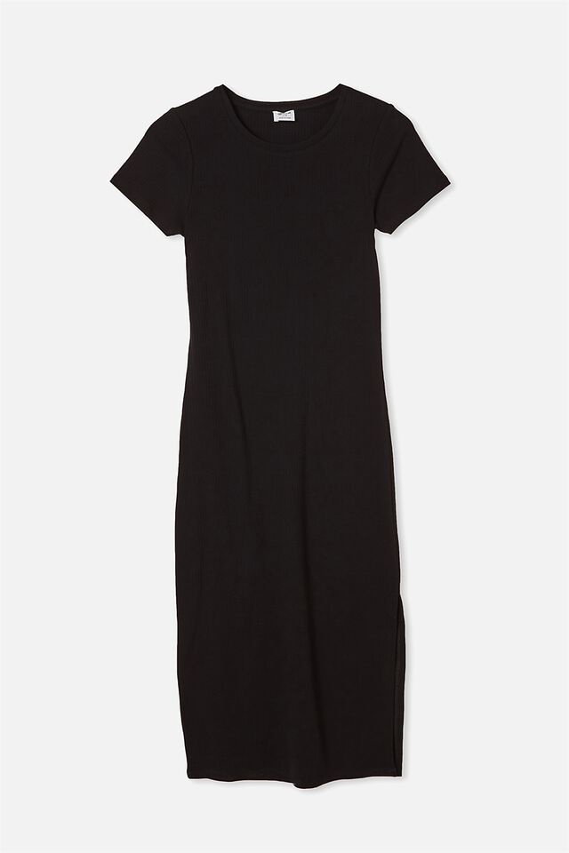 Essential Split Short Sleeve Midi Dress, BLACK