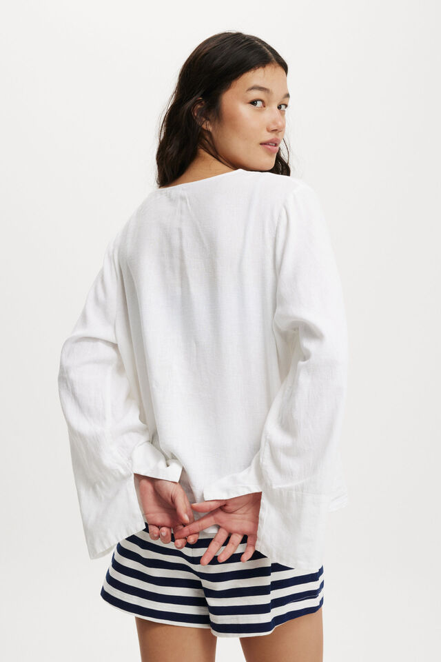 Haven Tie Front Longsleeve Top, WHITE