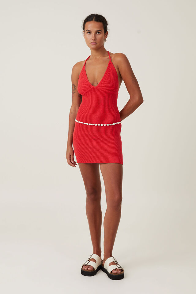 Knit Halter Mini Dress, FIERY RED