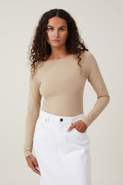 The One Basic Boat Neck Long Sleeve Top, MID TAUPE