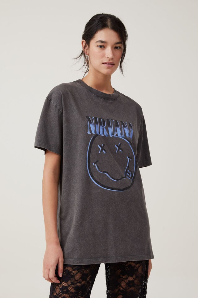Camiseta - Boyfriend Fit Nirvana Tee, LCN MT NIRVANA SMILEY/ GRAPHITE