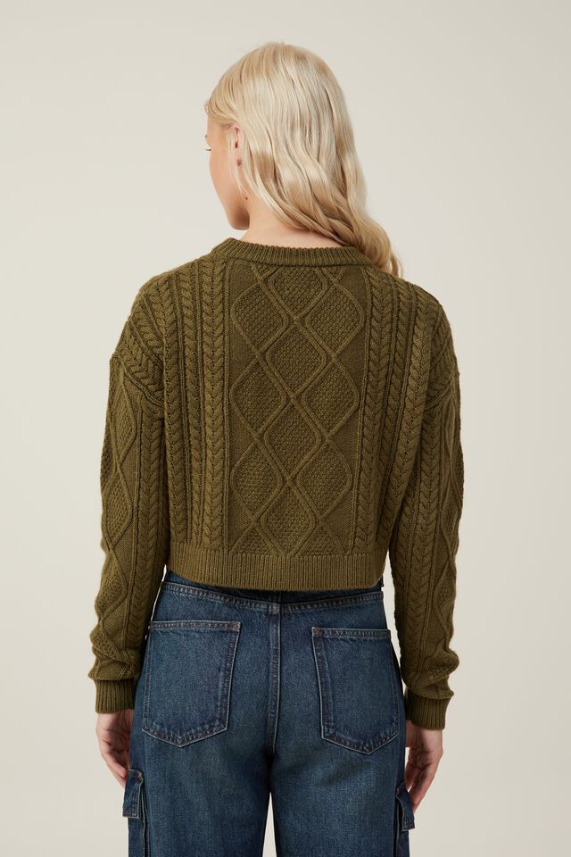 Cable Ultra Crop Pullover, DARK MOSS