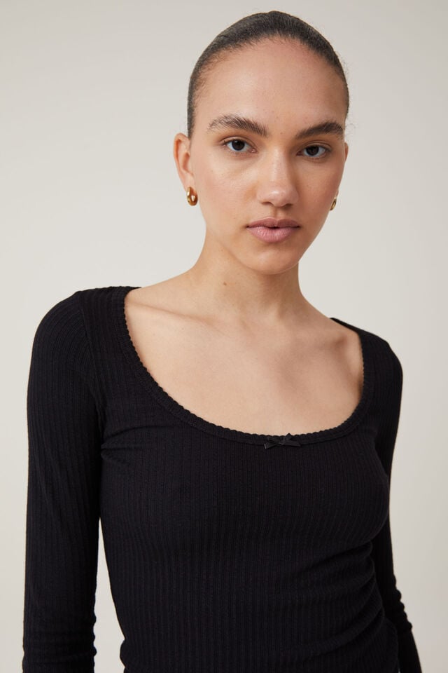 Camiseta - Heidi Picot Trim Long Sleeve Top, BLACK