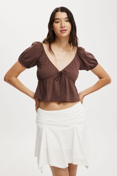 Camiseta - Mila Tie Front Short Sleeve Top, CHOCOLATE