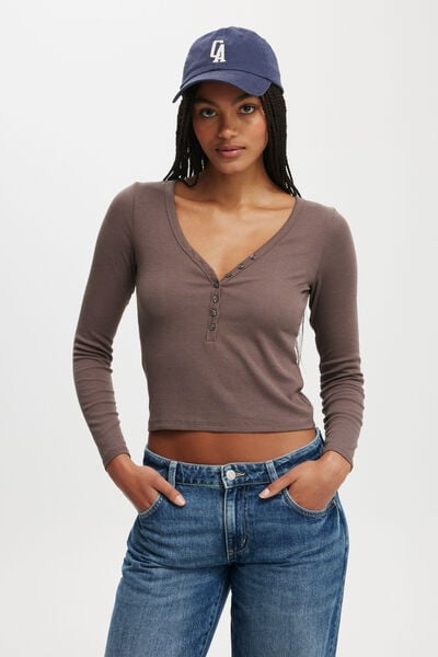 Kelsey V Front Henley Long Sleeve, DARK TRUFFLE