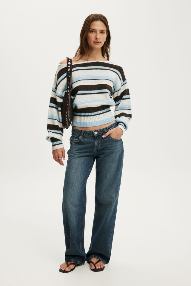 Softest Luxe Off Shoulder Knit, BLUE/GREY MARLE STRIPE