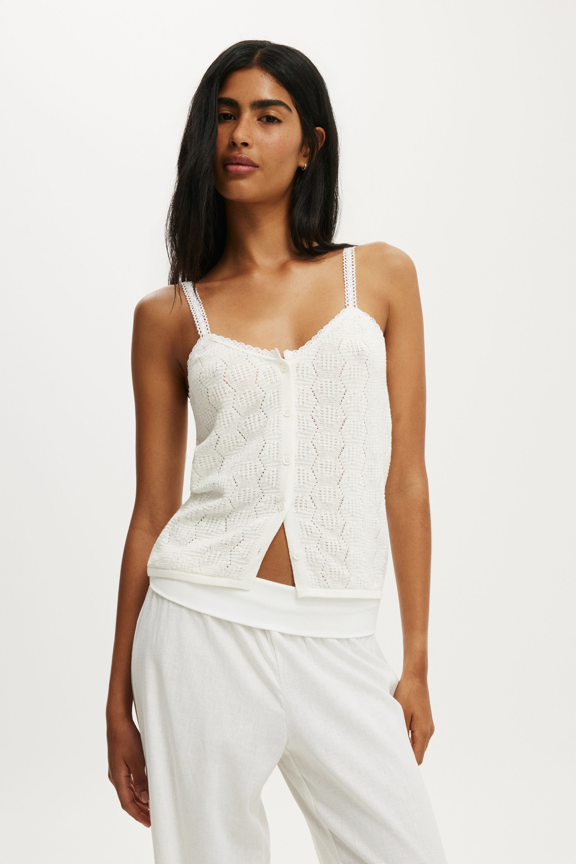 Women's White Knit Button Through Cami | Cotton On United States