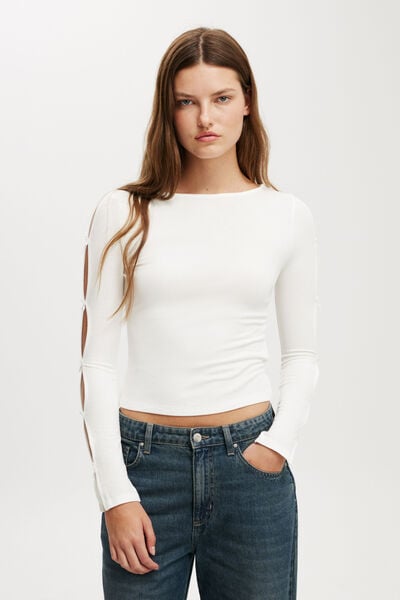 Bow Detail Long Sleeve Top, VINTAGE WHITE