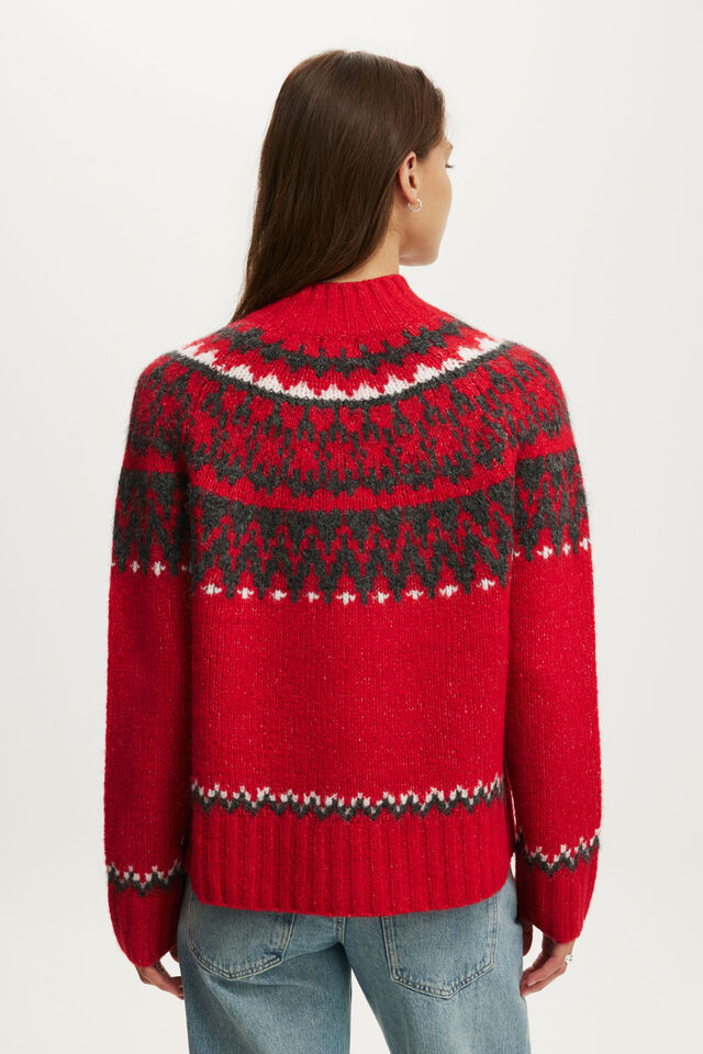 Fairisle Mock Neck Sweater, RED PETAL FAIRISLE