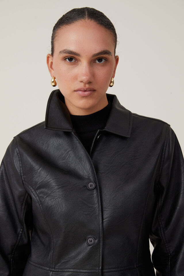 Kennedy Faux Leather Longline Jacket, BLACK