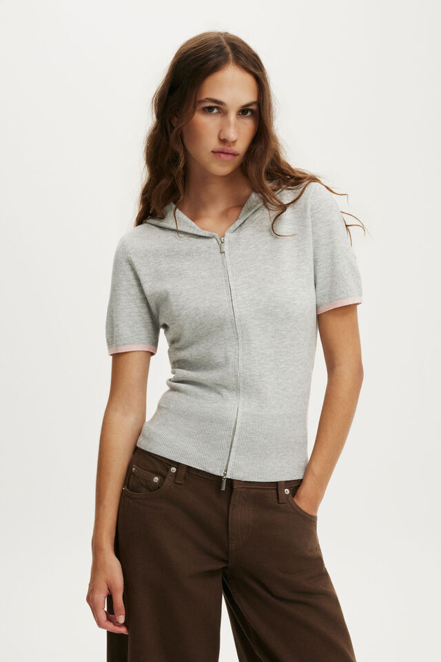 Cap Slv Sara Hooded Zip Knit, GREY MARLE TIPPING