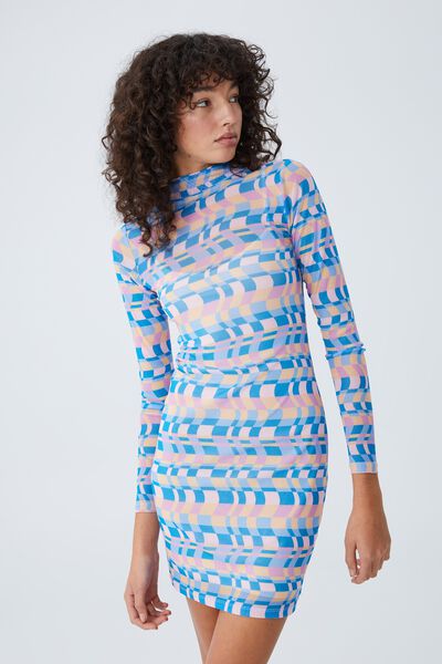 Vestido - Mesh Mini Dress, JENNA CHECKERBOARD BRIGHT BLUE