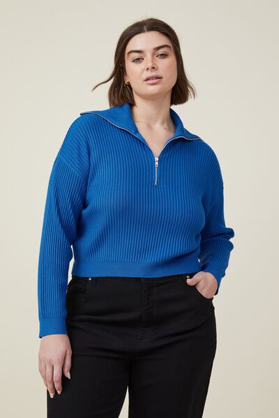 Curve Crop Rib Zip Collar Sweater, ANIMATED BLUE