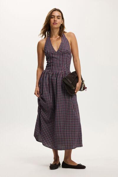 Kaity Halter Midi Dress, GREEN CHECK MOONLIT INDIGO