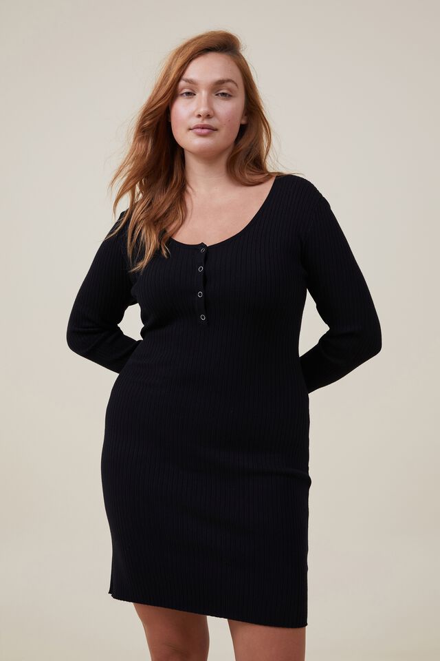 Curve Henley Knit Mini Dress, BLACK