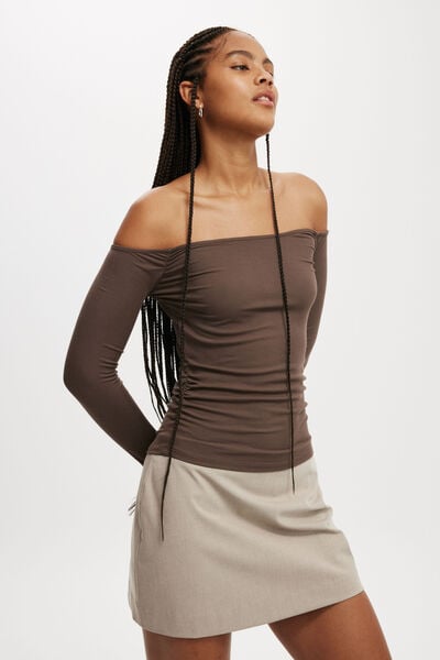 Staple Rib Rouched Off The Shoulder Top, ESPRESSO