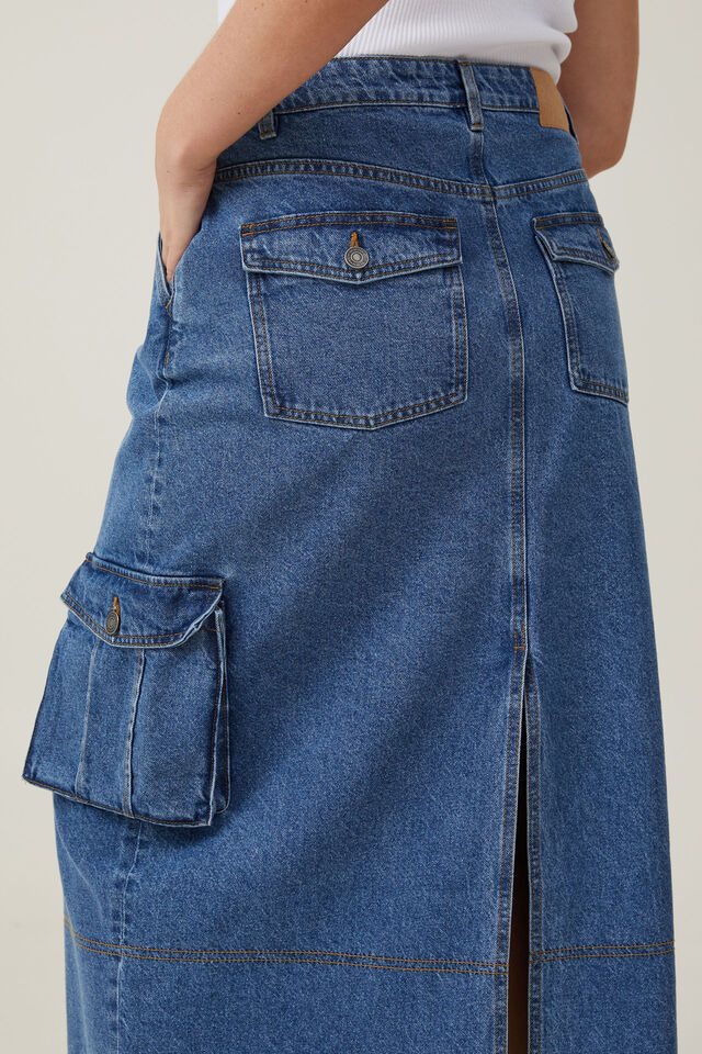Cargo Denim Maxi Skirt, OFFSHORE BLUE