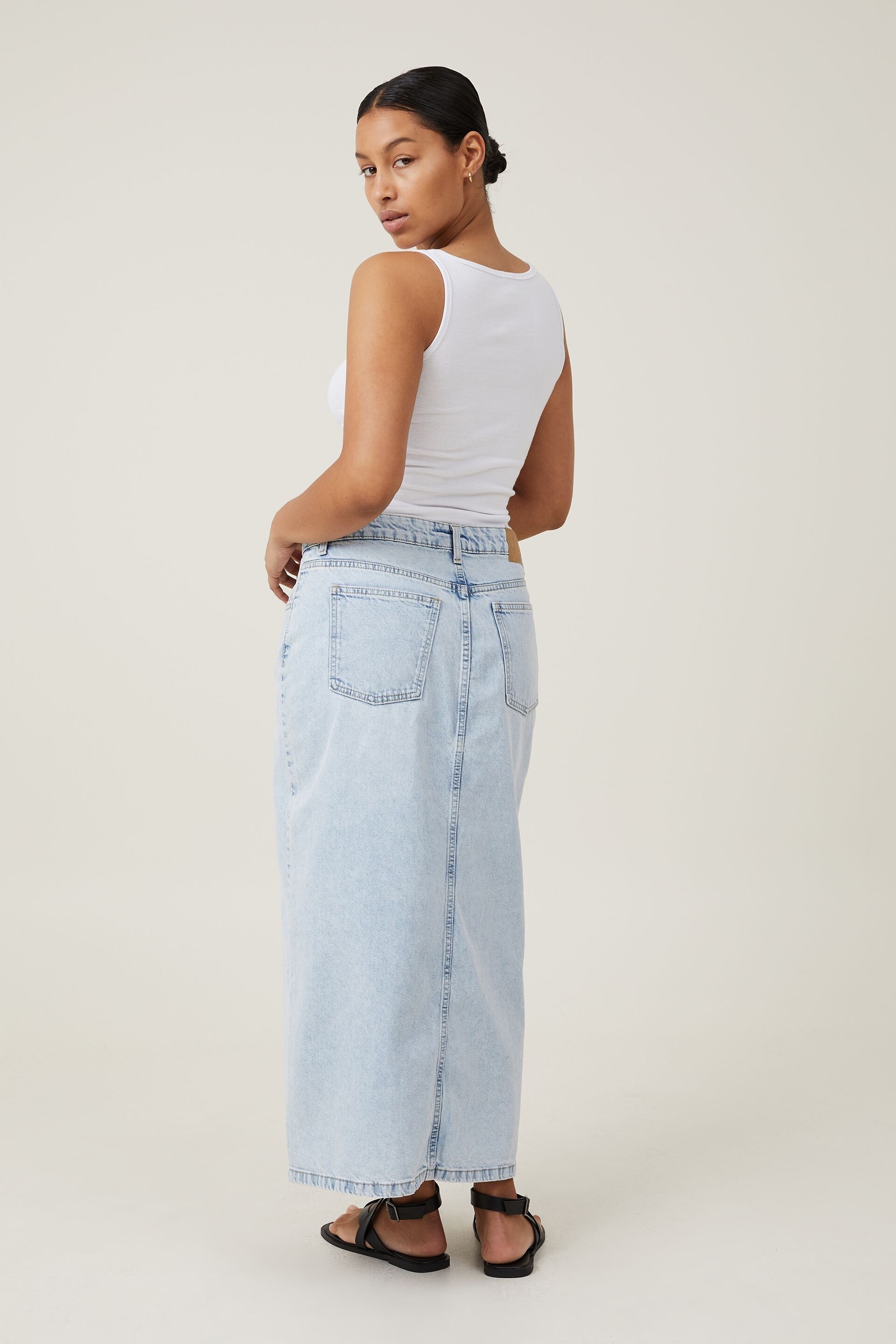Skirts | Denim Asymmetric Waist Split Front Maxi Skirt | MissPap