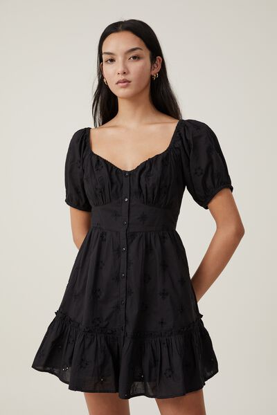 Brodie Puff Sleeve Mini Dress, BLACK