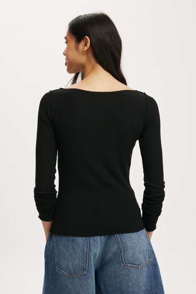 Polly Wide Neck Long Sleeve Top, BLACK