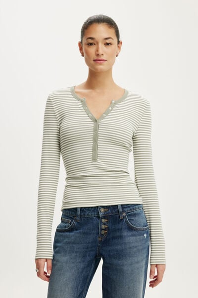 Blake Rib Henley Long Sleeve, MADI STRIPE PALE EUCALYPTUS/VINTAGE WHITE