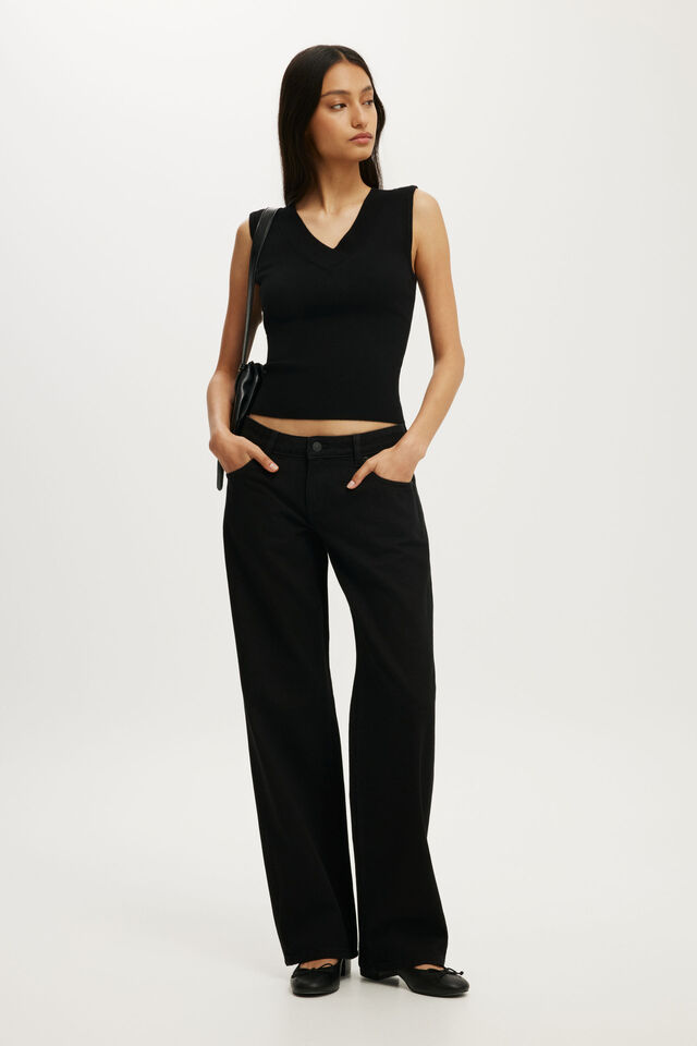 Double Knit V Neck Tank, BLACK