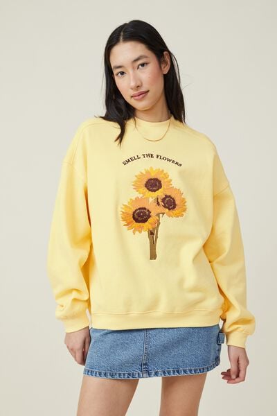 Graphic Crew Sweatshirt, SMELL THE FLOWERS/PALE YELLOW