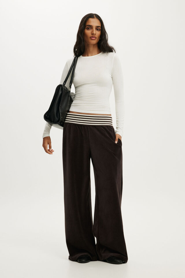 Velour Fold Over Sweatpant, DARK OAK/STRIPE