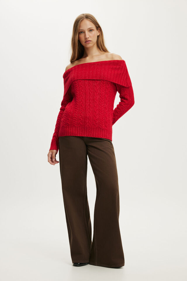 Drapey Off Shoulder Knit, RED CABLE