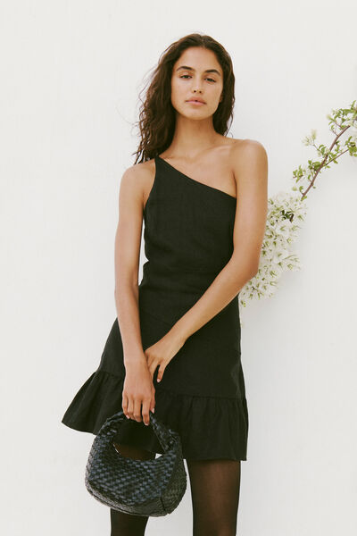 Frankie Linen One Shoulder Mini Dress, BLACK