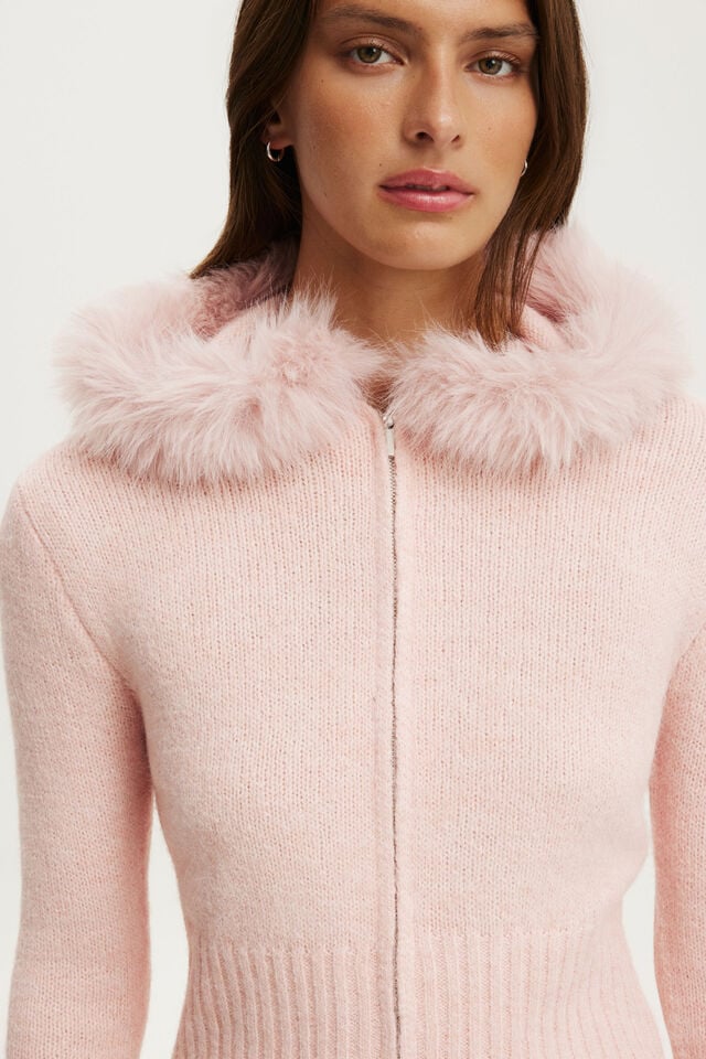 Fluffy Knit Zip Hoodie, SOFT PINK