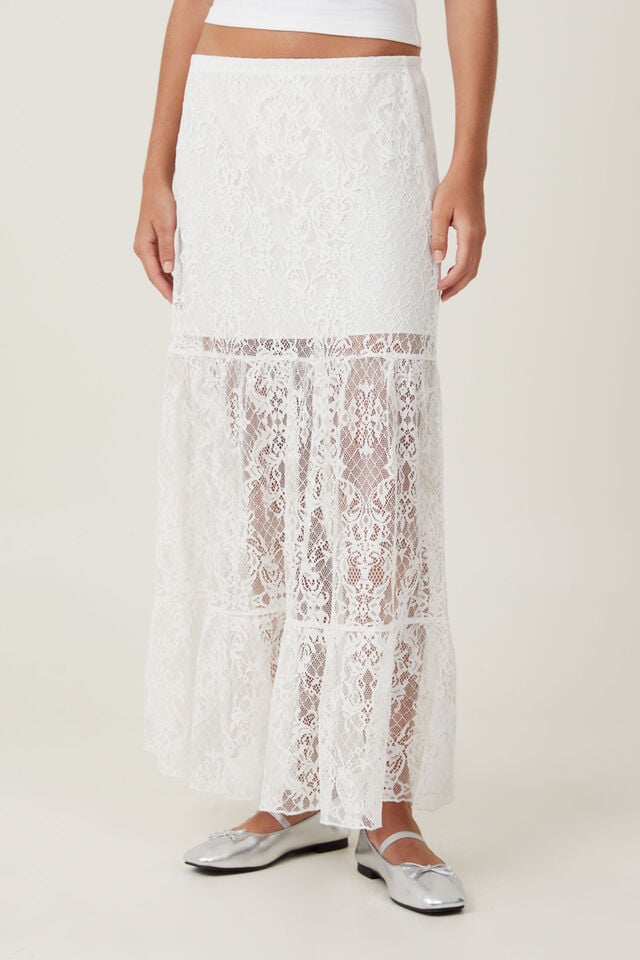 Lace Tiered Maxi Skirt, WHITE