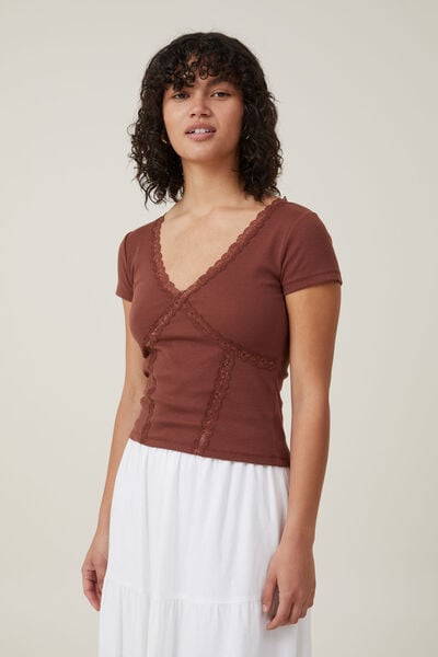 Daisy Lace Trim Tee, BOTTLE BROWN