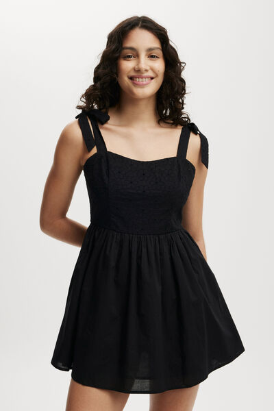 Daisy Fit And Flare Mini Dress, BLACK