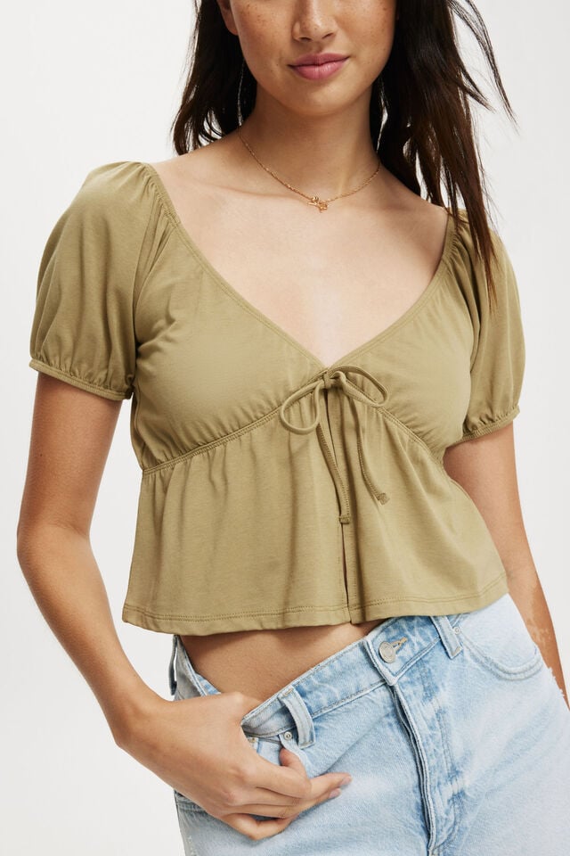 Mila Tie Front Short Sleeve Top, DESERT KHAKI