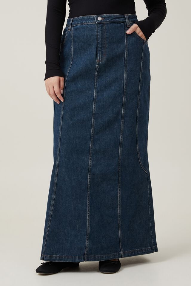 Panel Flare Denim Maxi Skirt, MISTIC BLUE