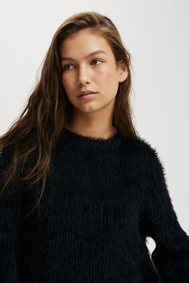 Faux Hair Rib Sweater, BLACK