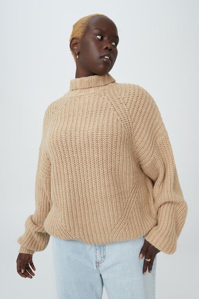 Curve Crop Textured Chunky Roll Neck, LINEN TAUPE
