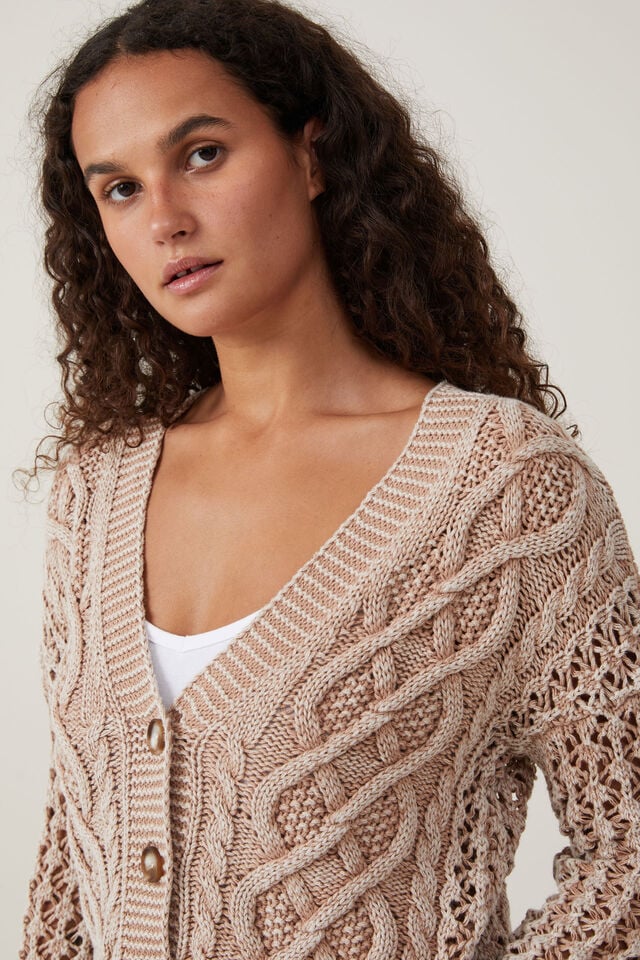 Washed Mid Crop Cable Cardigan, WASHED WHEAT