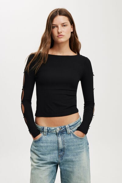 Bow Detail Long Sleeve Top, BLACK